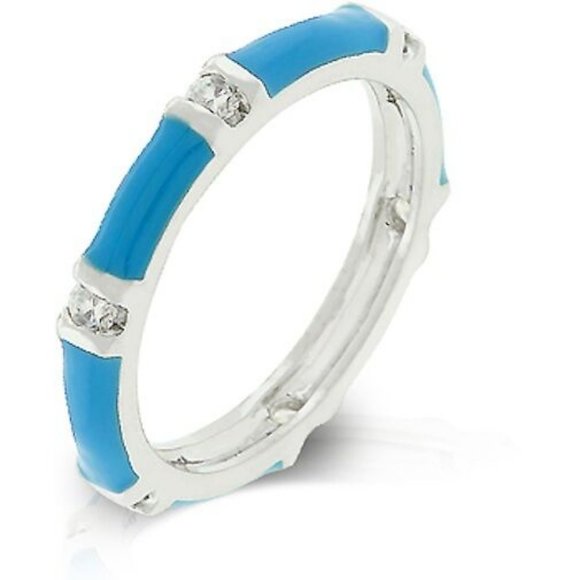 Aqua Enamel Eternity Ring Band Size 5 Cubic Zirconia Silver Rhodium Plated - Picture 1 of 9